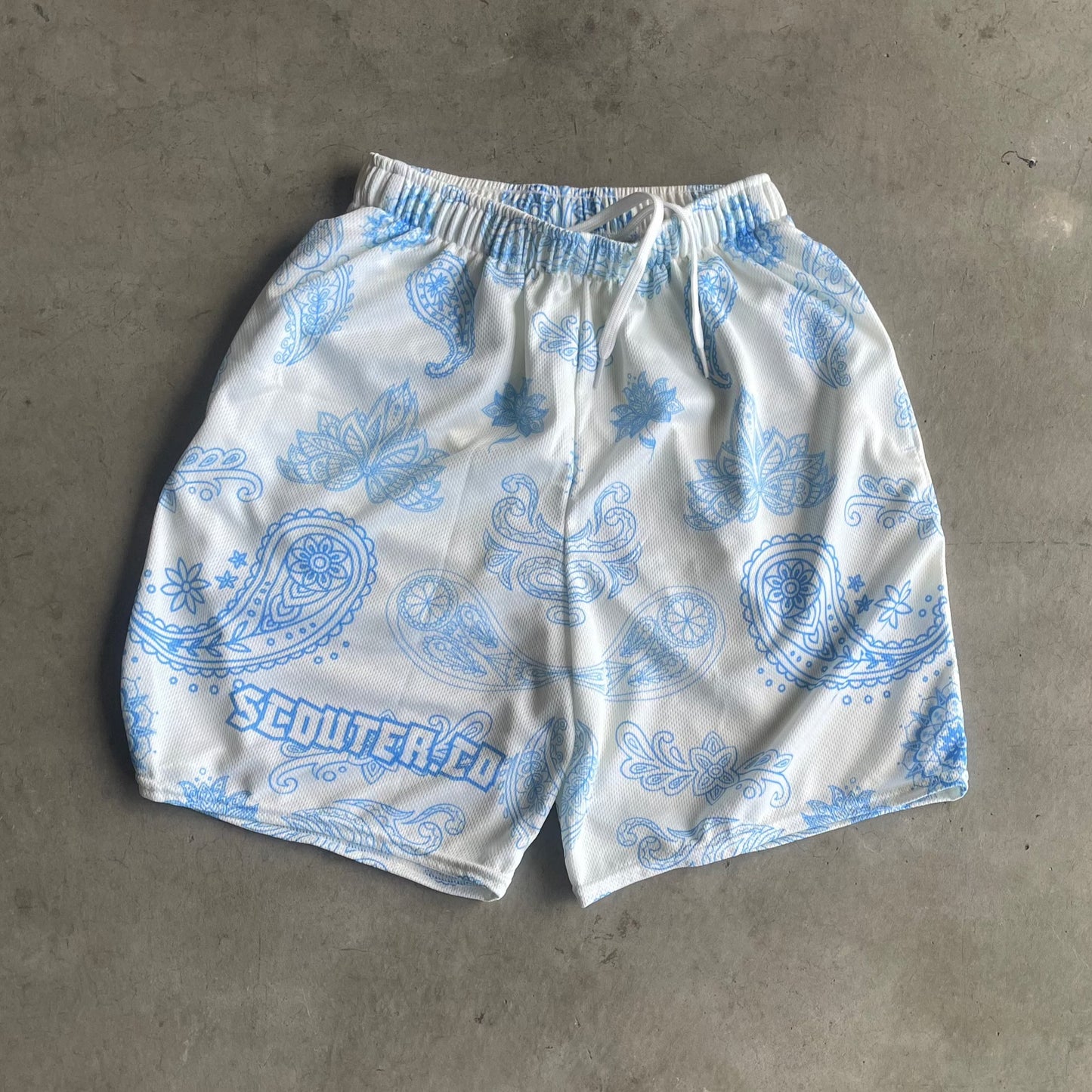 Honeycomb Mesh Bandana Shorts - Cream / Blue